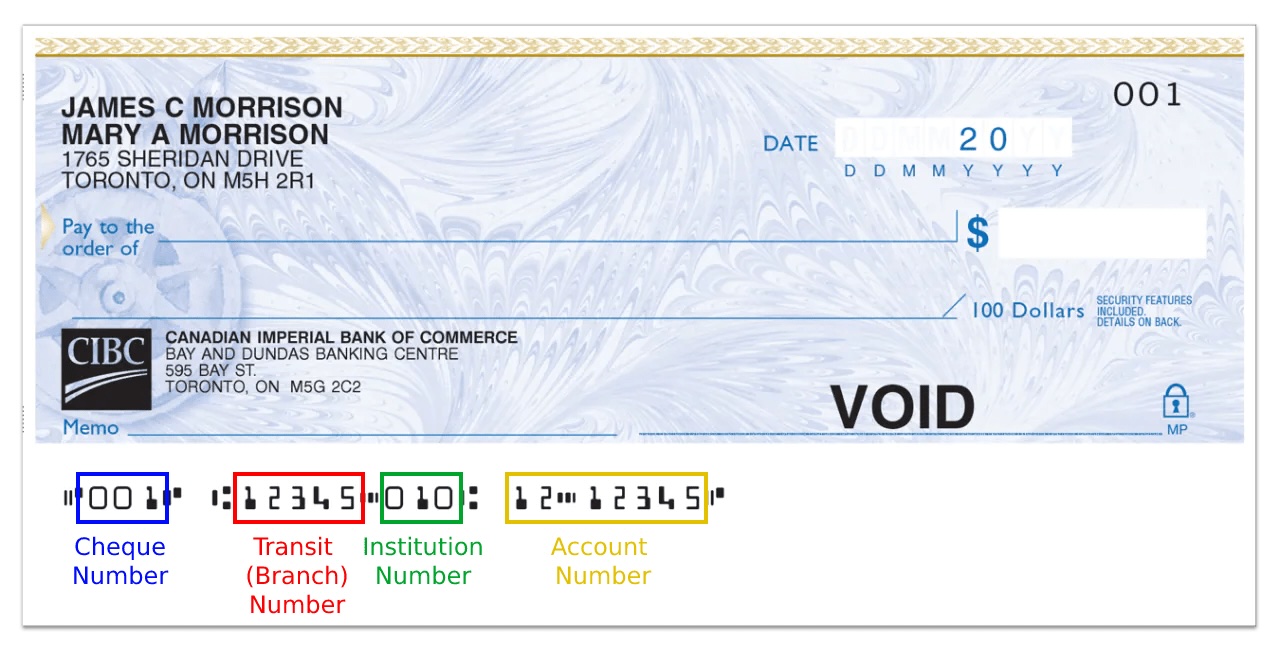 Example cheque showing routing and account numbers